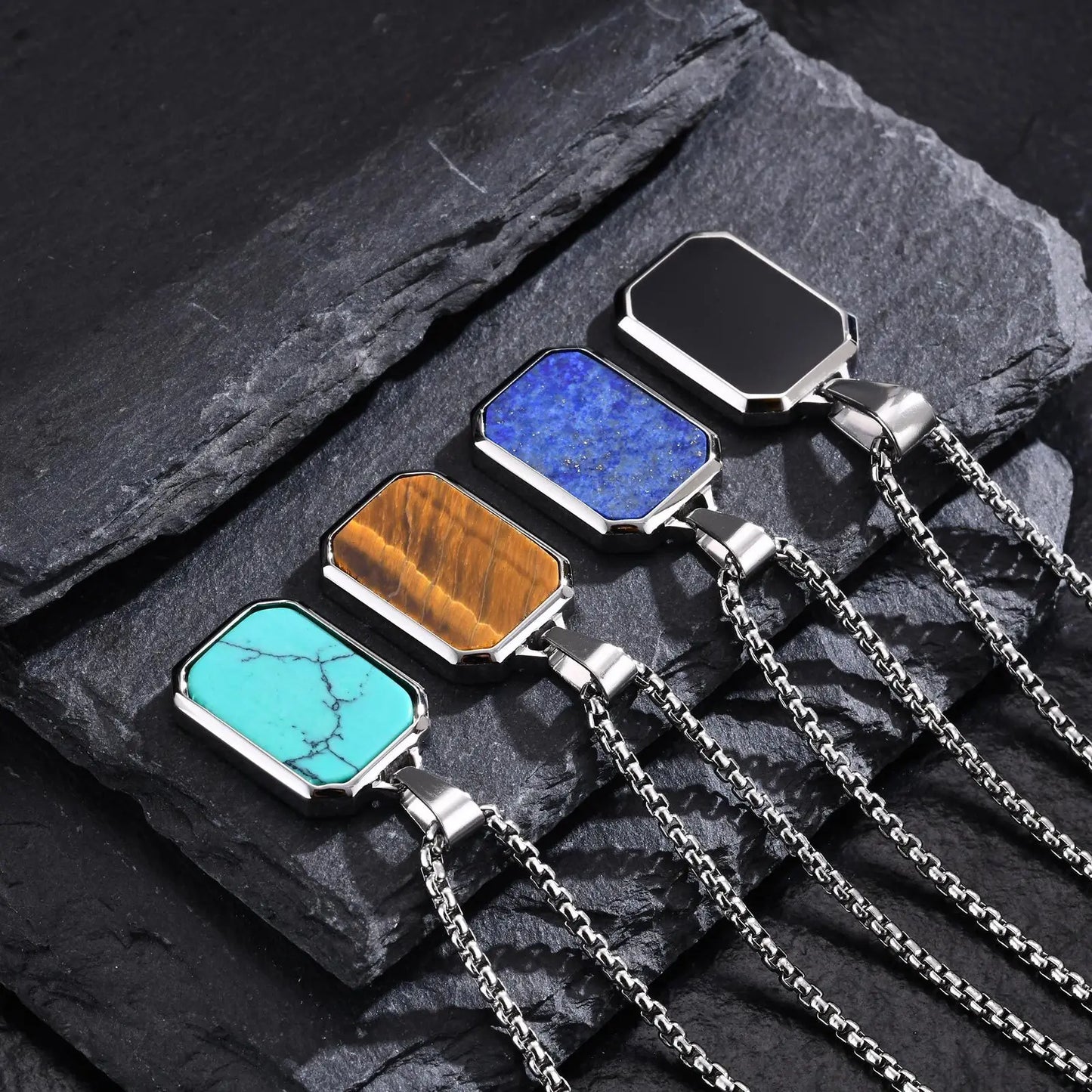 Square Natural Stone Pendant Stainless Steel Necklaces