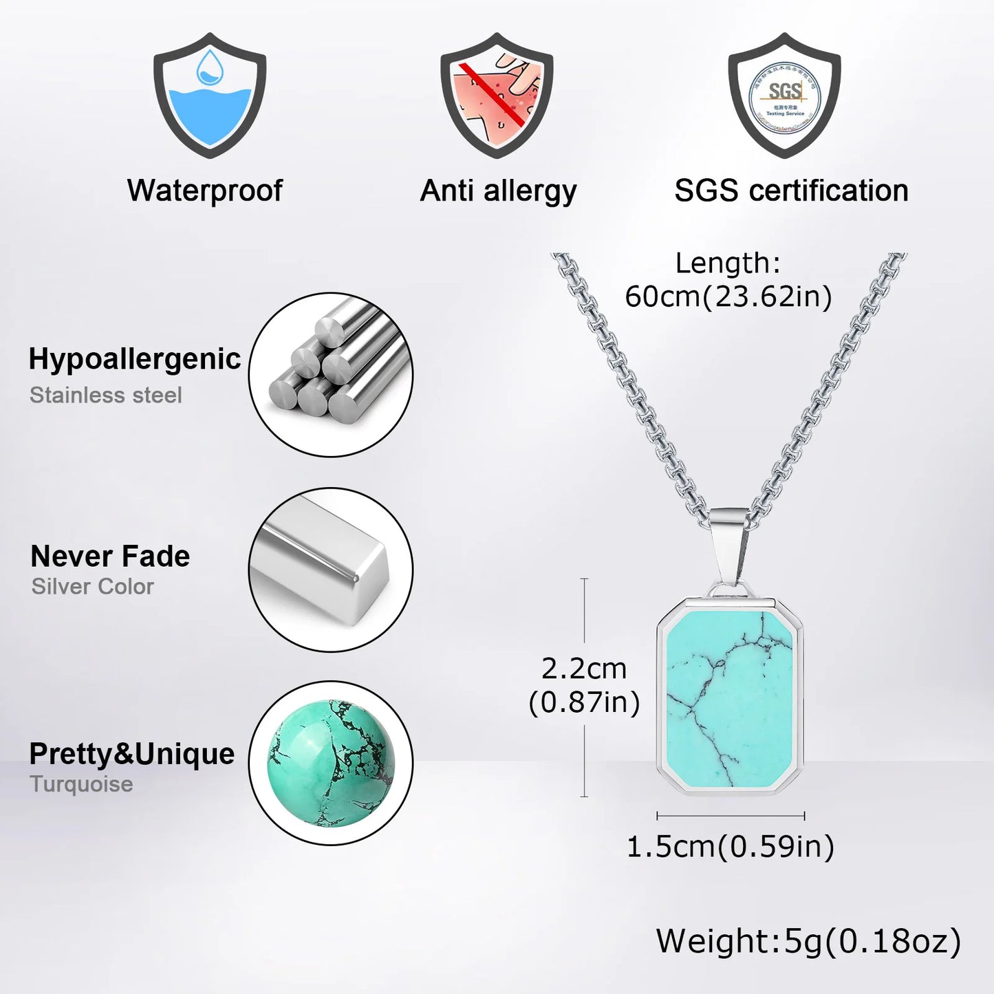 Square Natural Stone Pendant Stainless Steel Necklaces