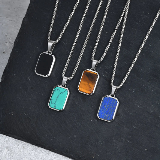 Square Natural Stone Pendant Stainless Steel Necklaces