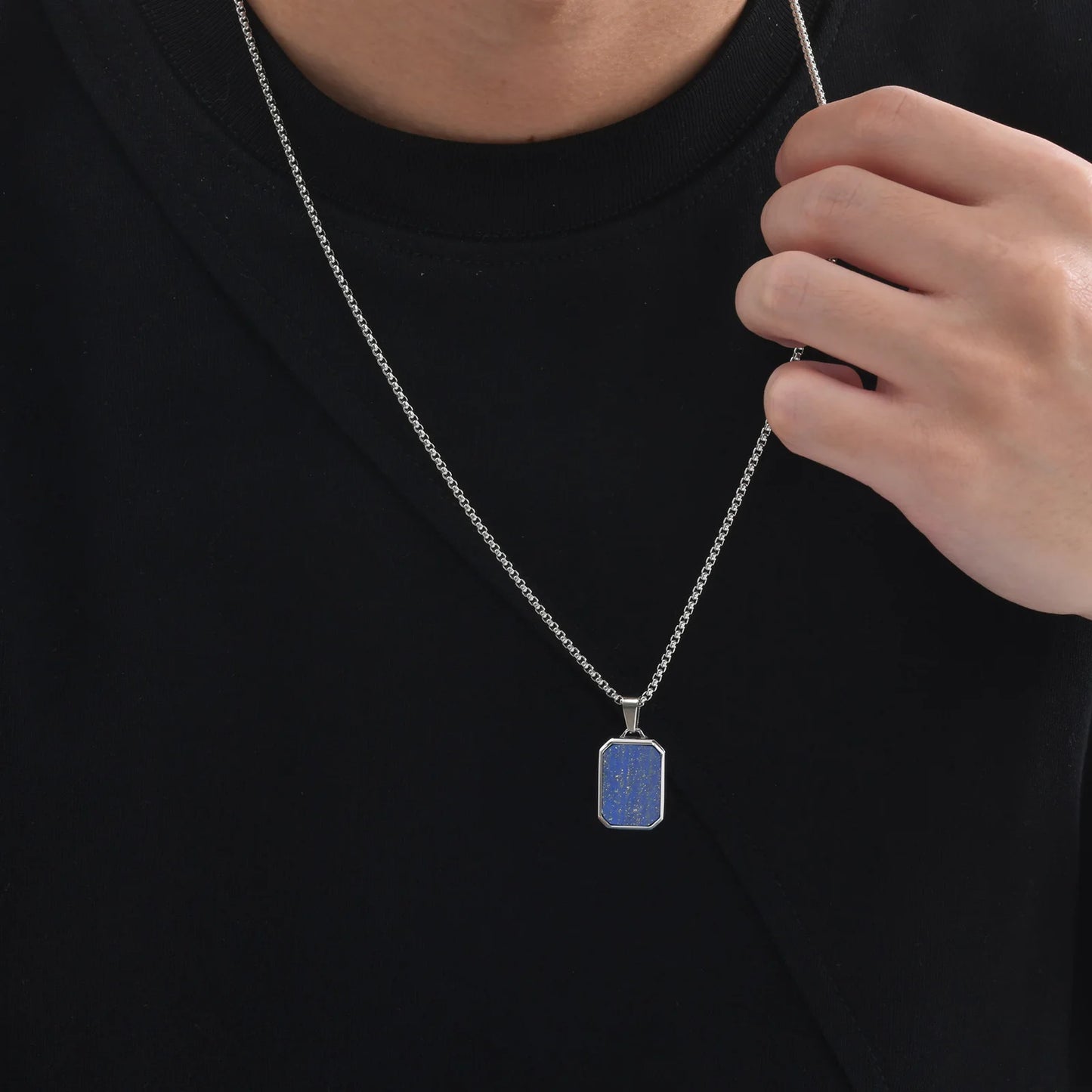 Square Natural Stone Pendant Stainless Steel Necklaces