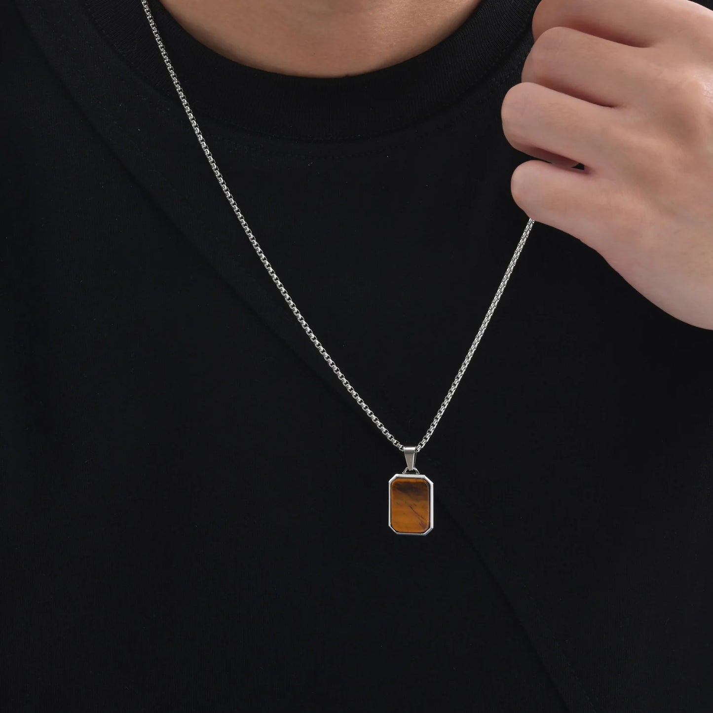 Square Natural Stone Pendant Stainless Steel Necklaces